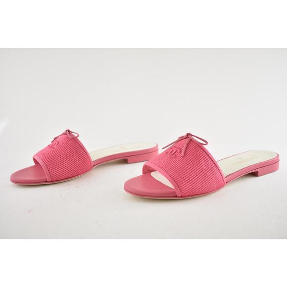 Chanel 24P Dark Pink Embroidered CC Logo Bow Tie Mule Slide Flat Sandal 37.5 - Picture 14 of 16